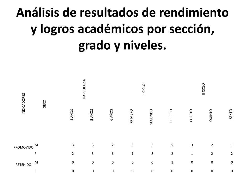 Análisis de resultados de rendimiento y logros académicos por sección, grado y niveles.