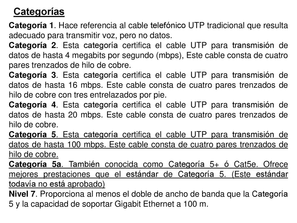 Categorías Categoría 1. Hace referencia al cable telefónico UTP tradicional que resulta adecuado para transmitir voz, pero no datos.