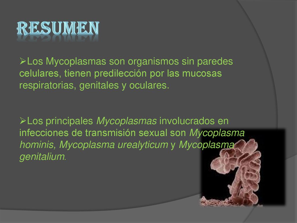 RESUMEN Los Mycoplasmas son organismos sin paredes celulares, tienen predilección por las mucosas respiratorias, genitales y oculares.