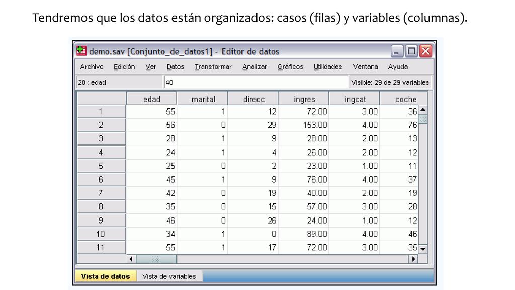 Tendremos que los datos están organizados: casos (filas) y variables (columnas).