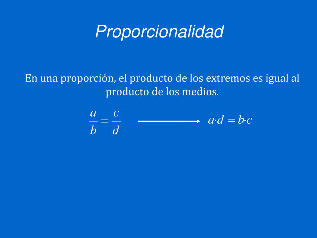 Proporcionalidad En una proporción, el producto de los extremos es igual al producto de los medios.