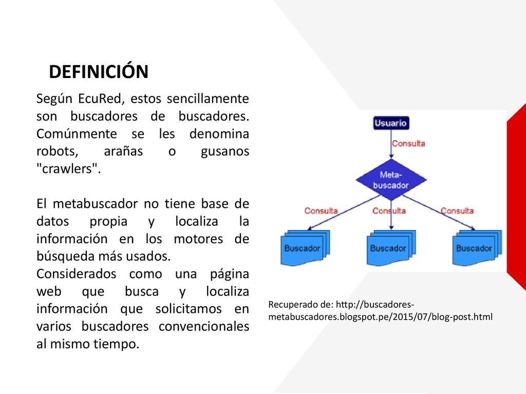 DEFINICIÓN Según EcuRed, estos sencillamente son buscadores de buscadores. Comúnmente se les denomina robots, arañas o gusanos crawlers .