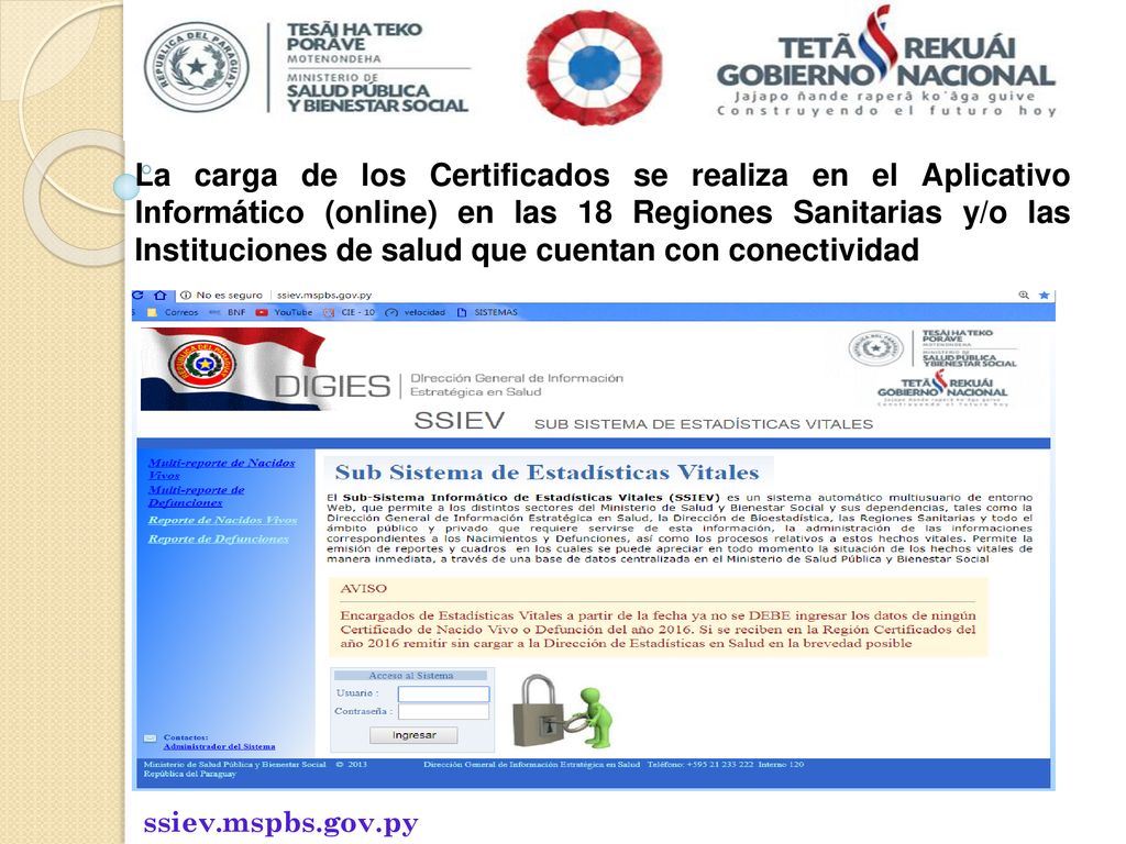 La carga de los Certificados se realiza en el Aplicativo Informático (online) en las 18 Regiones Sanitarias y/o las Instituciones de salud que cuentan con conectividad