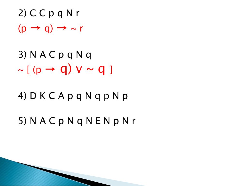 2) C C p q N r (p → q) → ~ r 3) N A C p q N q ~ [ (p → q) v ~ q ] 4) D K C A p q N q p N p 5) N A C p N q N E N p N r