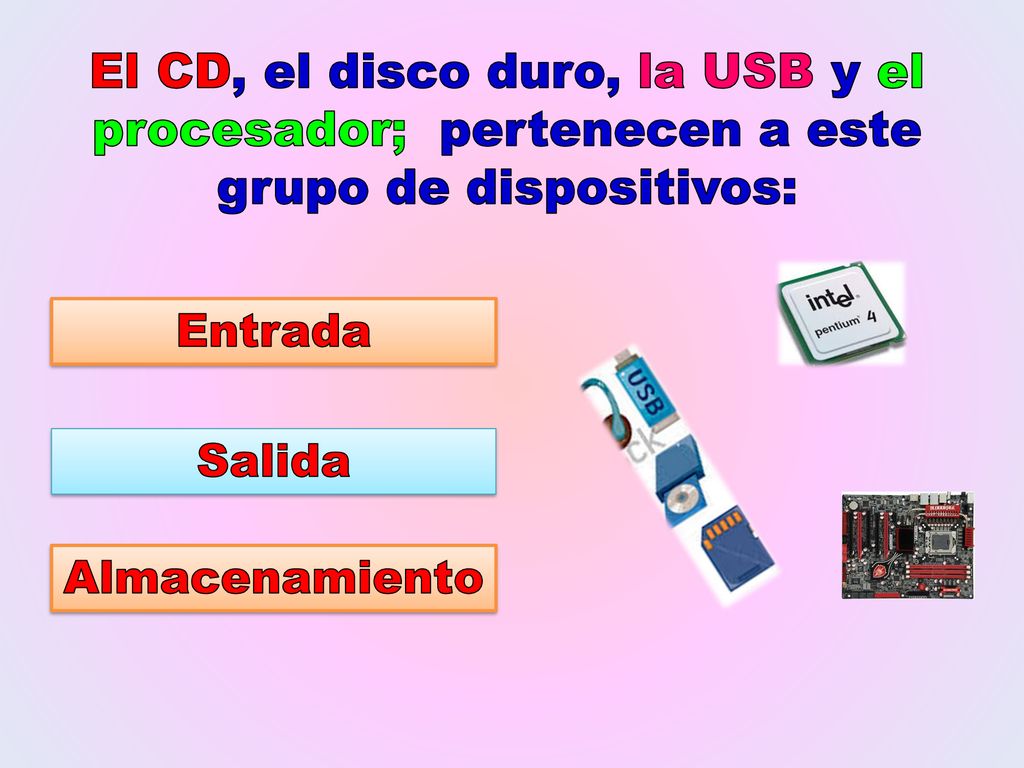 El CD, el disco duro, la USB y el procesador; pertenecen a este grupo de dispositivos: