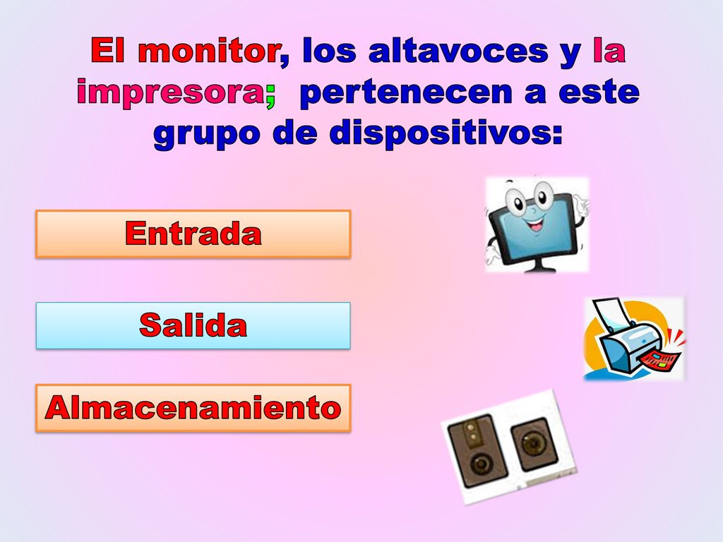 El monitor, los altavoces y la impresora; pertenecen a este grupo de dispositivos:
