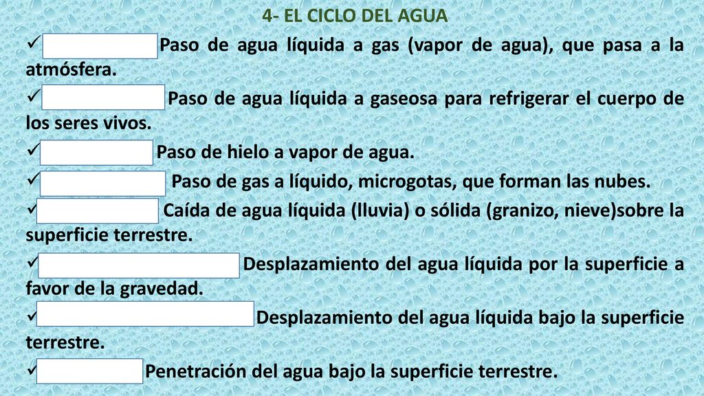 4- EL CICLO DEL AGUA Evaporación: Paso de agua líquida a gas (vapor de agua), que pasa a la atmósfera.