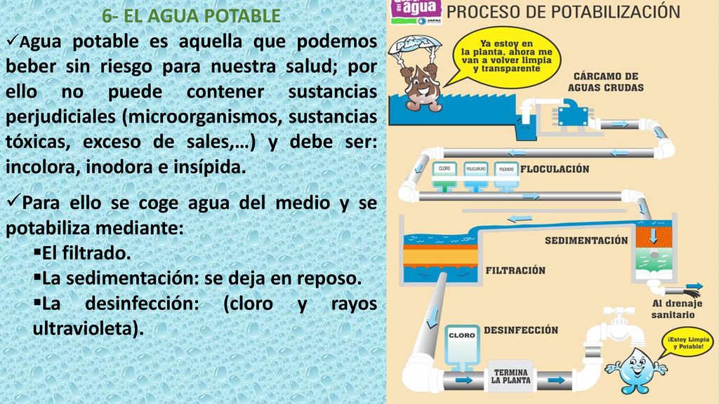 Para ello se coge agua del medio y se potabiliza mediante: