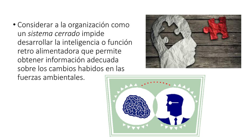 Considerar a la organización como un sistema cerrado impide desarrollar la inteligencia o función retro alimentadora que permite obtener información adecuada sobre los cambios habidos en las fuerzas ambientales.