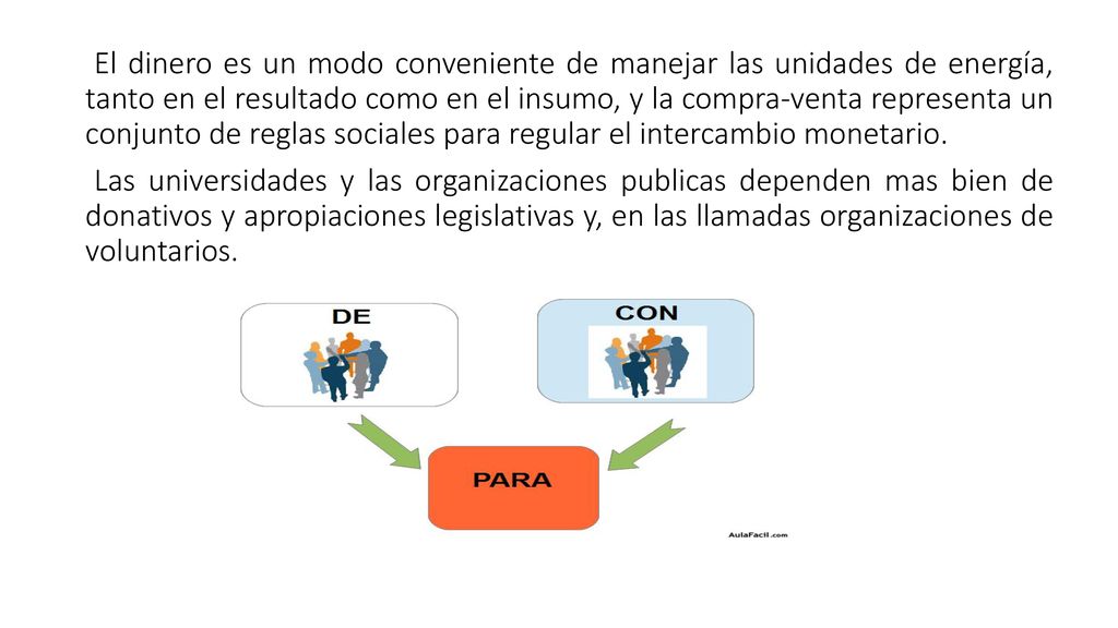 El dinero es un modo conveniente de manejar las unidades de energía, tanto en el resultado como en el insumo, y la compra-venta representa un conjunto de reglas sociales para regular el intercambio monetario.