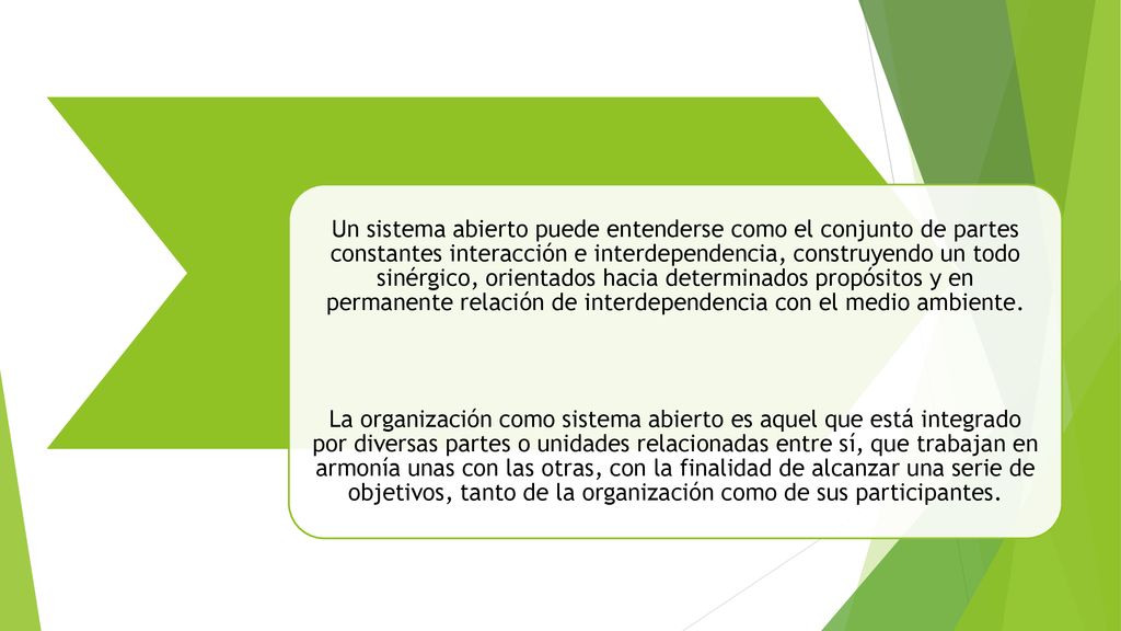 Un sistema abierto puede entenderse como el conjunto de partes constantes interacción e interdependencia, construyendo un todo sinérgico, orientados hacia determinados propósitos y en permanente relación de interdependencia con el medio ambiente.