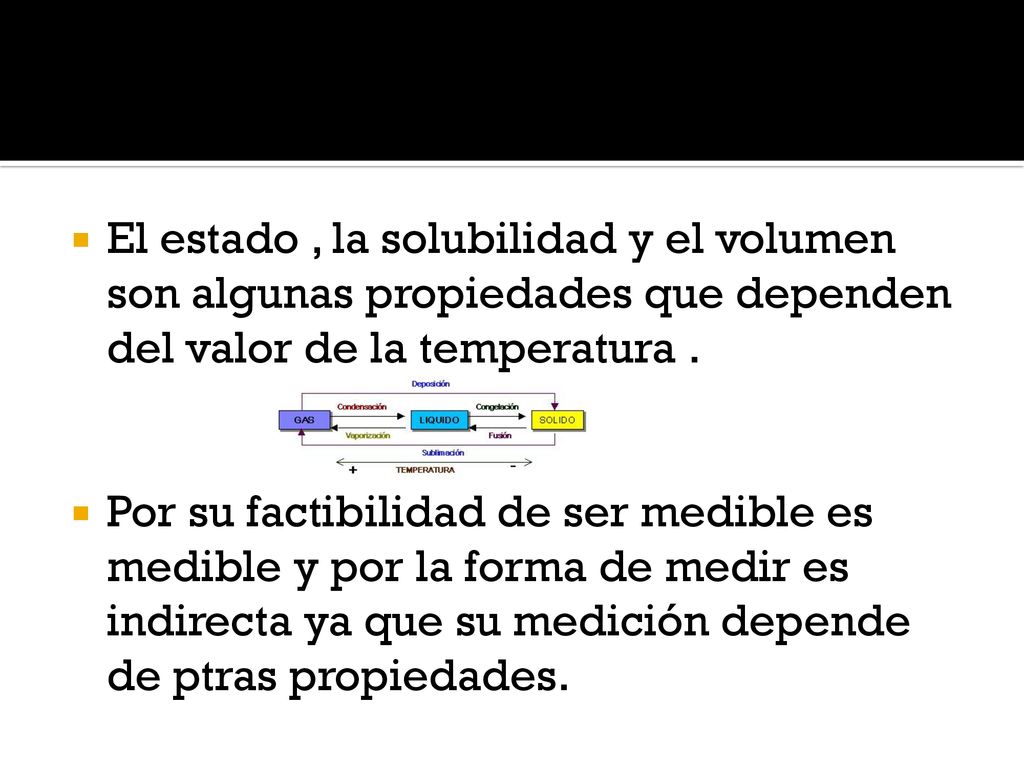 El estado , la solubilidad y el volumen son algunas propiedades que dependen del valor de la temperatura .