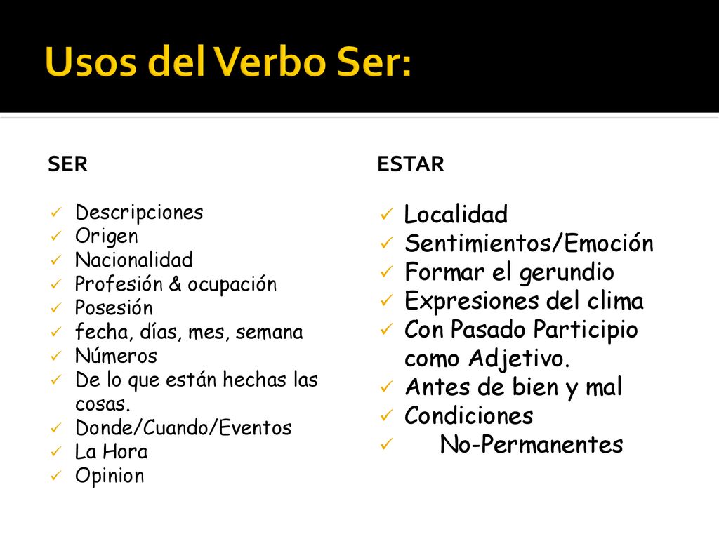 Usos del Verbo Ser: Localidad Sentimientos/Emoción Formar el gerundio