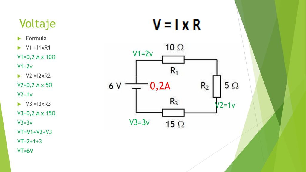 Voltaje 0,2A V1=2v V2=1v V3=3v Fórmula V1 =I1xR1 V1=0,2 A x 10Ω V1=2v