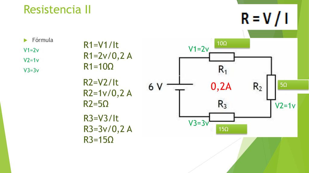 Resistencia II 0,2A R1=V1/It R1=2v/0,2 A R1=10Ω R2=V2/It R2=1v/0,2 A