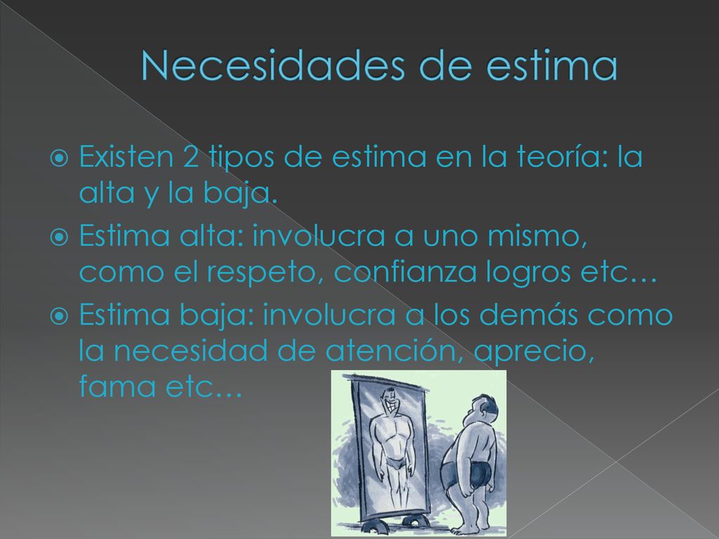 Necesidades de estima Existen 2 tipos de estima en la teoría: la alta y la baja.