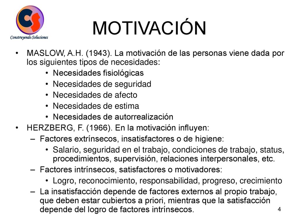 MOTIVACIÓN MASLOW, A.H. (1943). La motivación de las personas viene dada por los siguientes tipos de necesidades: