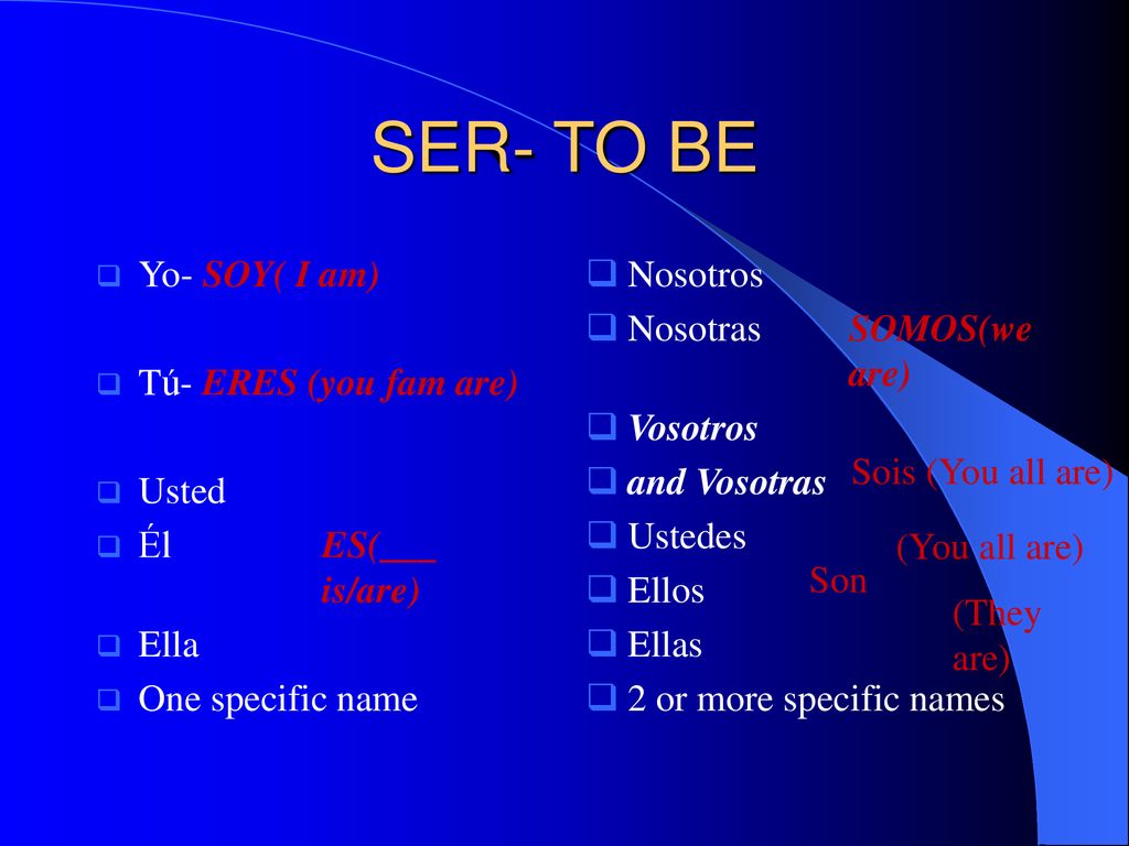 SER- TO BE Yo- SOY( I am) Tú- ERES (you fam are) Usted