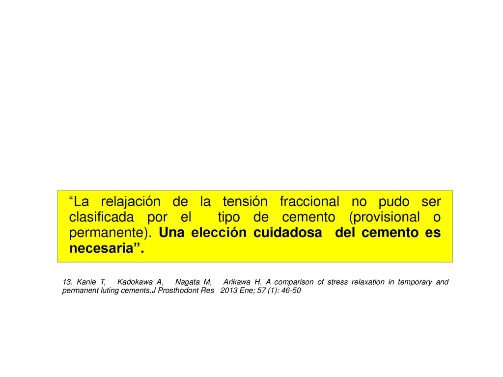 La relajación de la tensión fraccional no pudo ser clasificada por el tipo de cemento (provisional o permanente). Una elección cuidadosa del cemento es necesaria .