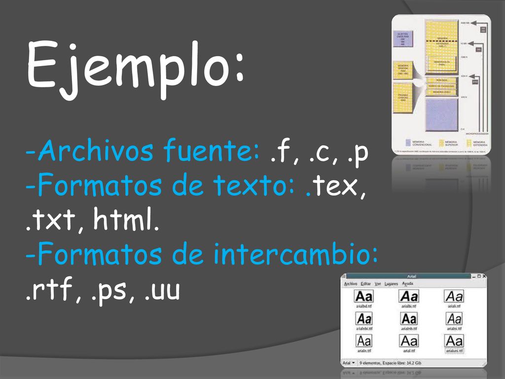 Ejemplo: -Archivos fuente:. f,. c,. p -Formatos de texto:. tex,