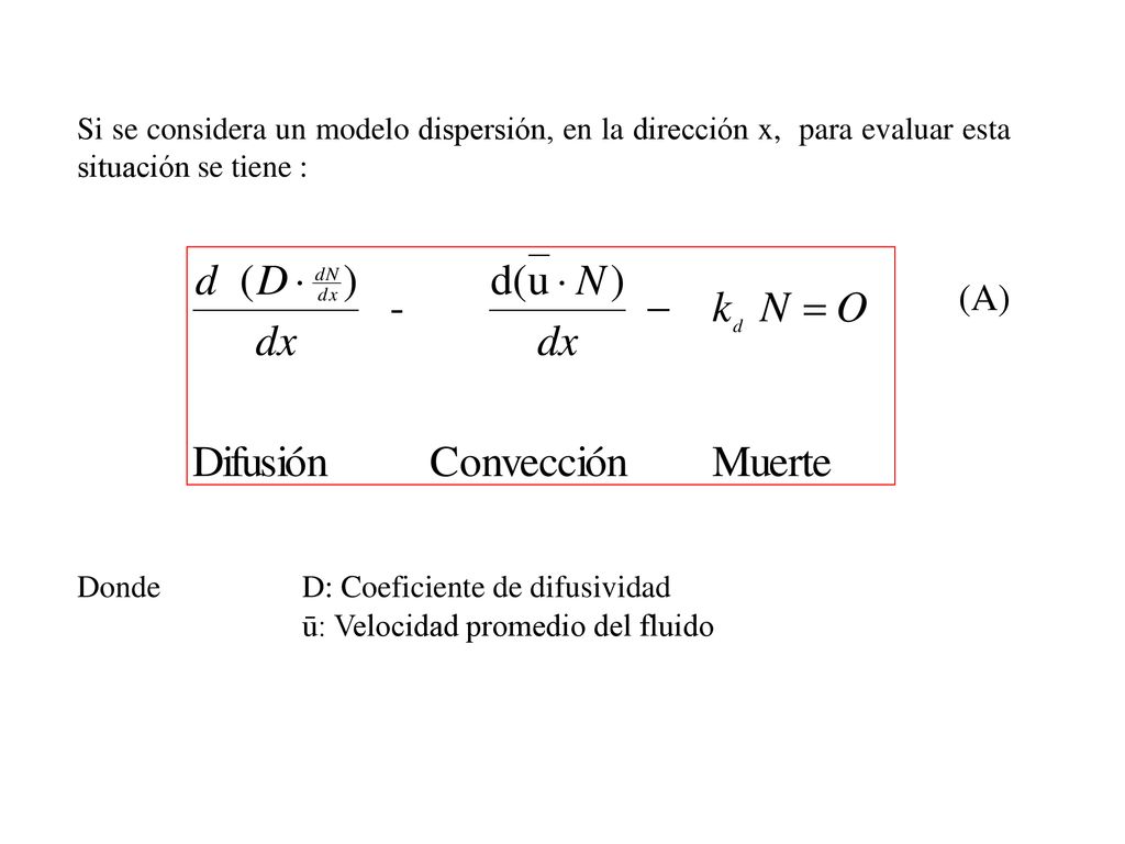 Si se considera un modelo dispersión, en la dirección x, para evaluar esta situación se tiene :