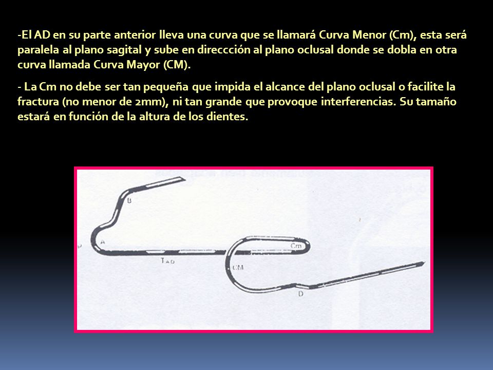 El AD en su parte anterior lleva una curva que se llamará Curva Menor (Cm), esta será paralela al plano sagital y sube en direccción al plano oclusal donde se dobla en otra curva llamada Curva Mayor (CM).