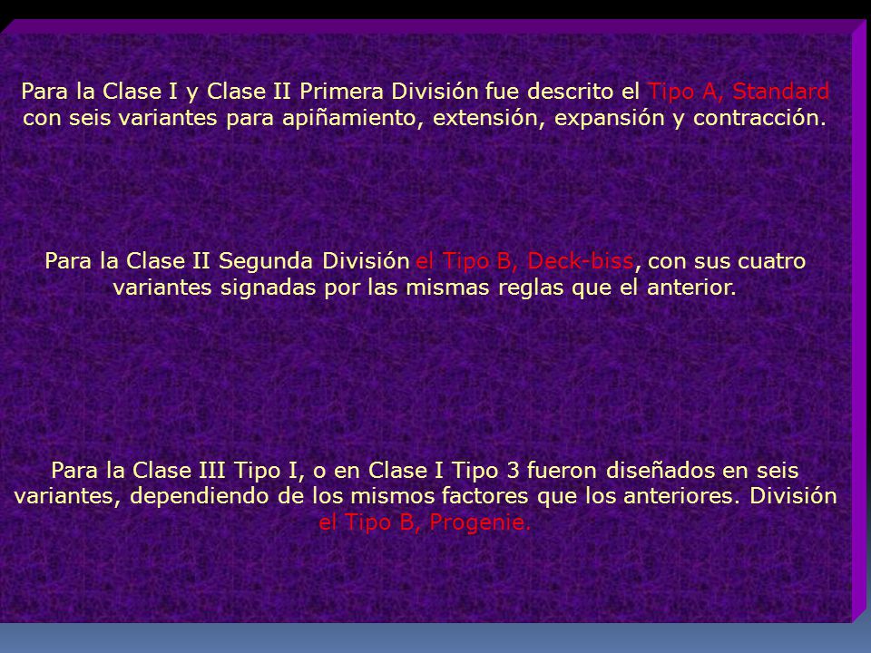 Para la Clase I y Clase II Primera División fue descrito el Tipo A, Standard con seis variantes para apiñamiento, extensión, expansión y contracción.