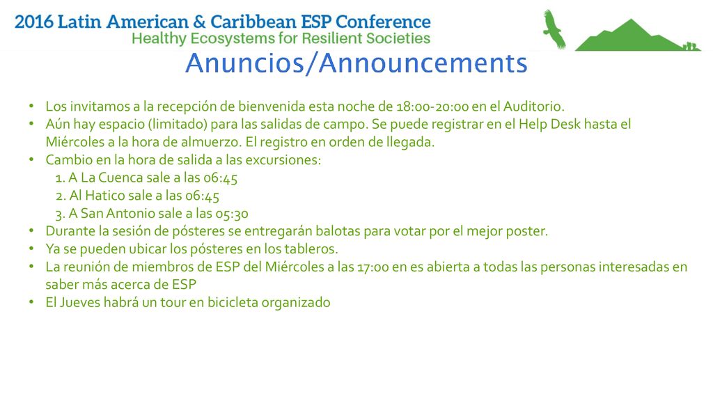 Los invitamos a la recepción de bienvenida esta noche de 18:00-20:00 en el Auditorio.