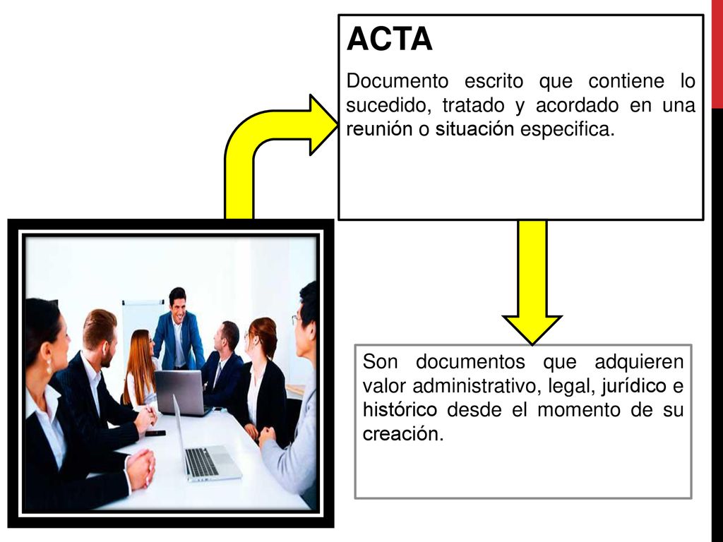 ACTA Documento escrito que contiene lo sucedido, tratado y acordado en una reunión o situación especifica.