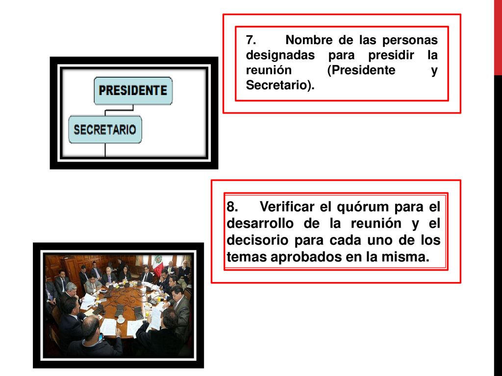 7. Nombre de las personas designadas para presidir la reunión (Presidente y Secretario).