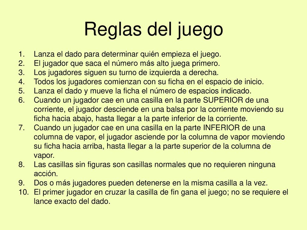 Reglas del juego Lanza el dado para determinar quién empieza el juego.
