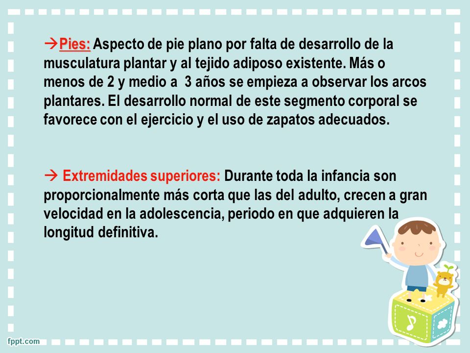 Pies: Aspecto de pie plano por falta de desarrollo de la musculatura plantar y al tejido adiposo existente. Más o menos de 2 y medio a 3 años se empieza a observar los arcos plantares. El desarrollo normal de este segmento corporal se favorece con el ejercicio y el uso de zapatos adecuados.
