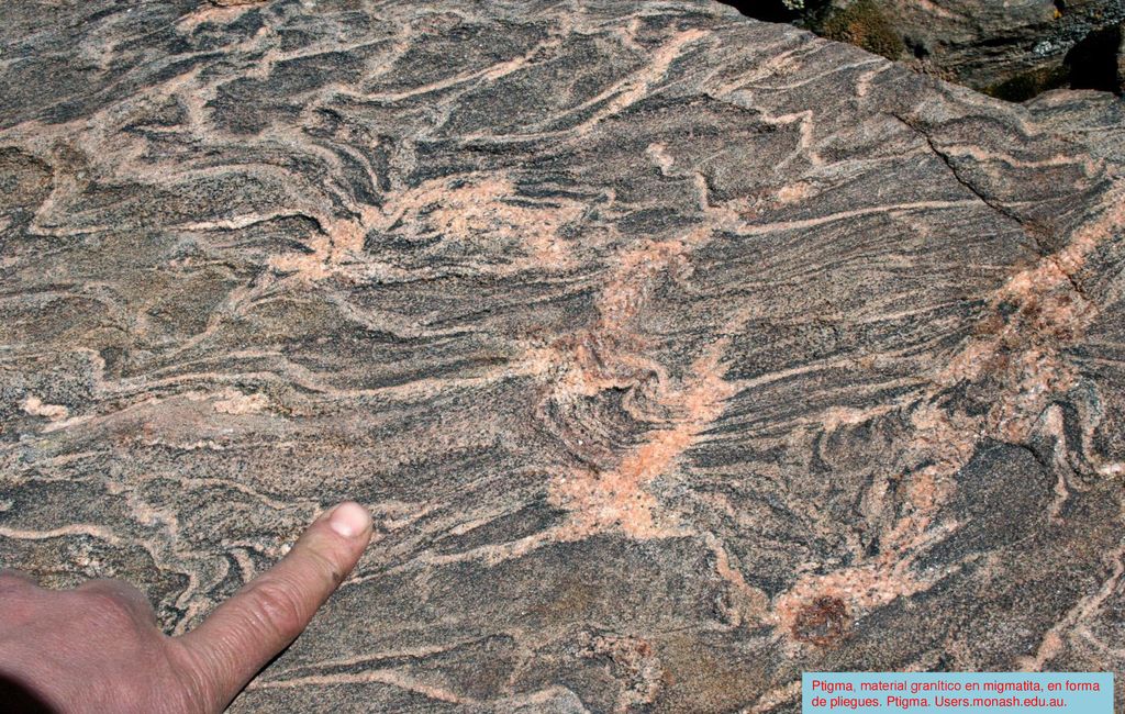 Ptigma, material granítico en migmatita, en forma de pliegues. Ptigma