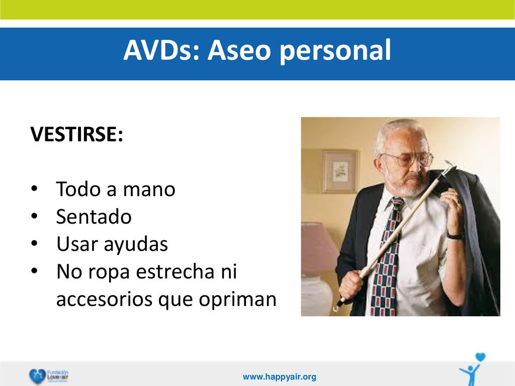 AVDs: Aseo personal VESTIRSE: Todo a mano Sentado Usar ayudas