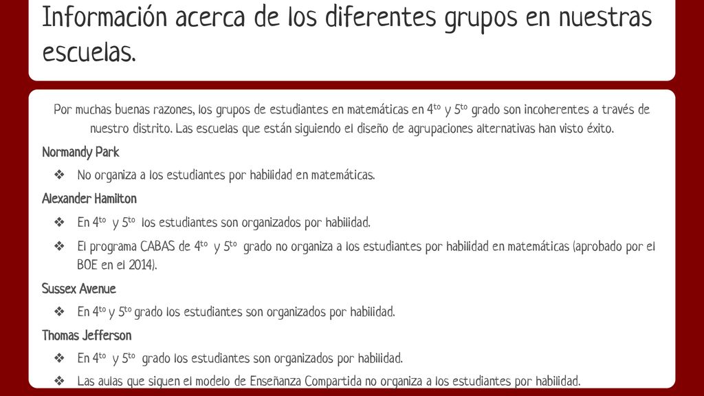 Información acerca de los diferentes grupos en nuestras escuelas.