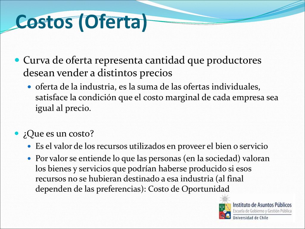 Costos (Oferta) Curva de oferta representa cantidad que productores desean vender a distintos precios.