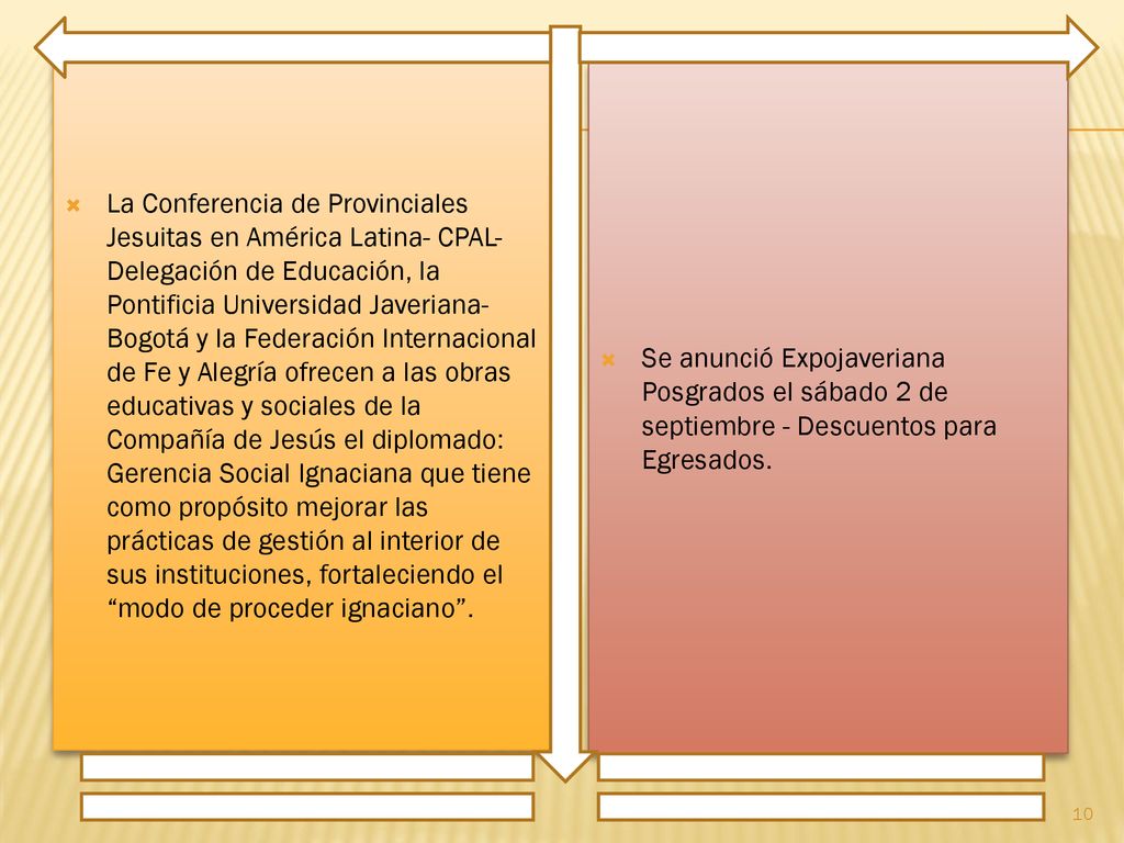 La Conferencia de Provinciales Jesuitas en América Latina- CPAL-Delegación de Educación, la Pontificia Universidad Javeriana-Bogotá y la Federación Internacional de Fe y Alegría ofrecen a las obras educativas y sociales de la Compañía de Jesús el diplomado: Gerencia Social Ignaciana que tiene como propósito mejorar las prácticas de gestión al interior de sus instituciones, fortaleciendo el modo de proceder ignaciano .