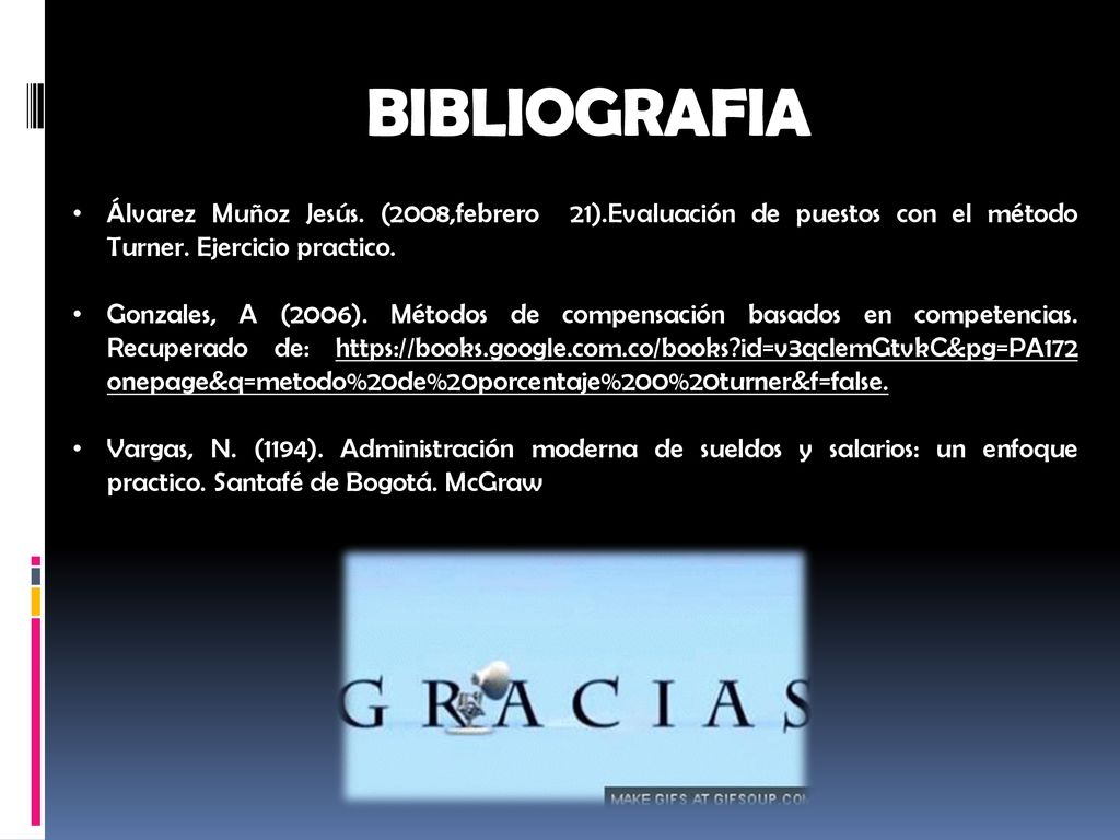 BIBLIOGRAFIA Álvarez Muñoz Jesús. (2008,febrero 21).Evaluación de puestos con el método Turner. Ejercicio practico.