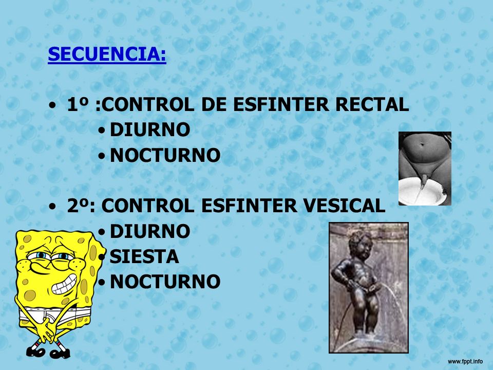 SECUENCIA: 1º :CONTROL DE ESFINTER RECTAL DIURNO NOCTURNO 2º: CONTROL ESFINTER VESICAL SIESTA