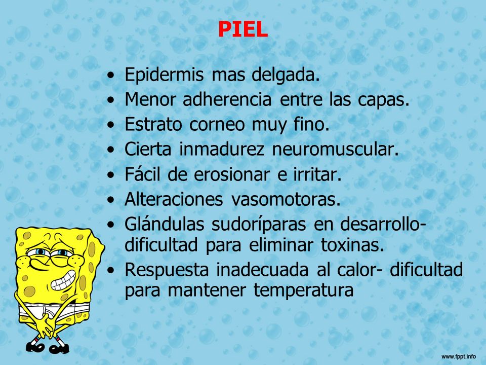 PIEL Epidermis mas delgada. Menor adherencia entre las capas.