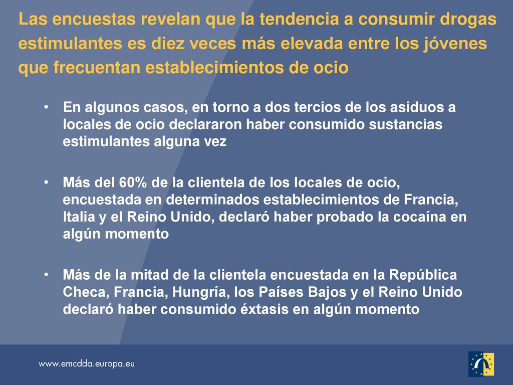 Las encuestas revelan que la tendencia a consumir drogas estimulantes es diez veces más elevada entre los jóvenes que frecuentan establecimientos de ocio