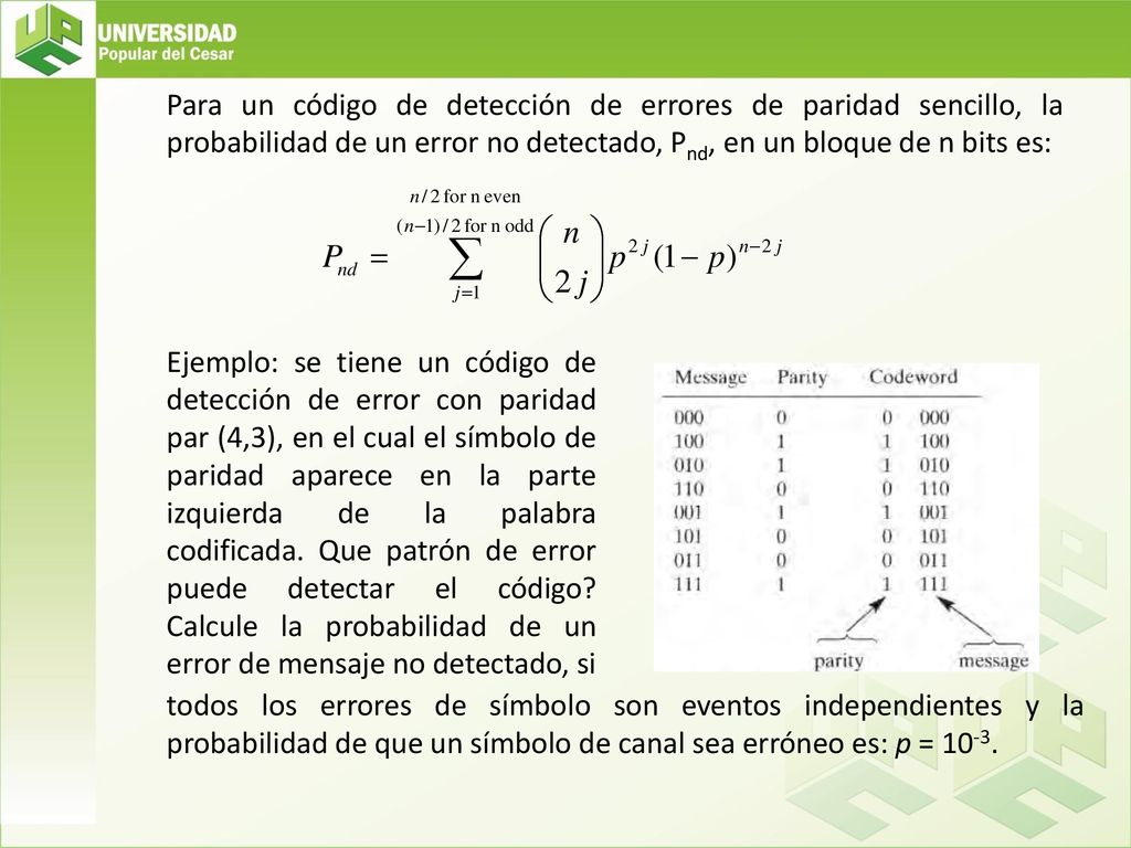 Para un código de detección de errores de paridad sencillo, la probabilidad de un error no detectado, Pnd, en un bloque de n bits es: