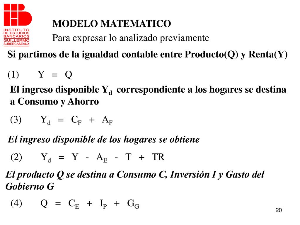 MODELO MATEMATICO Para expresar lo analizado previamente. Si partimos de la igualdad contable entre Producto(Q) y Renta(Y)