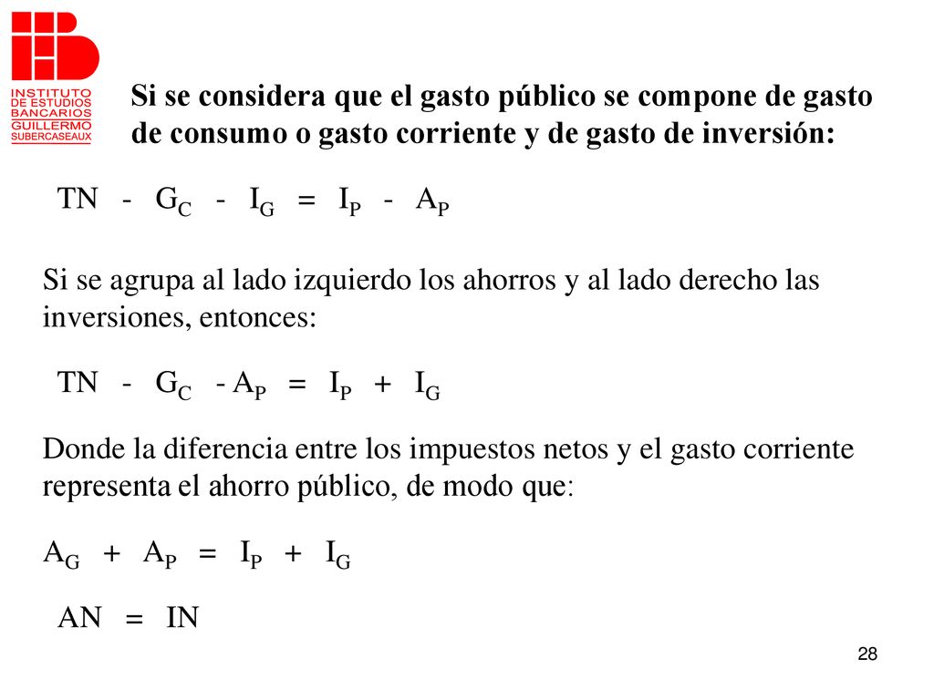 Si se considera que el gasto público se compone de gasto de consumo o gasto corriente y de gasto de inversión: