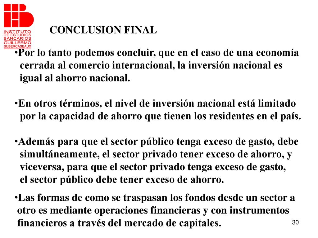 CONCLUSION FINAL Por lo tanto podemos concluir, que en el caso de una economía. cerrada al comercio internacional, la inversión nacional es.
