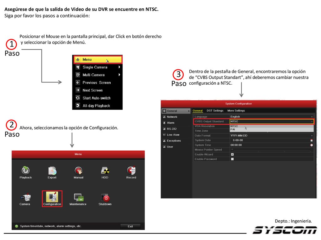 Asegúrese de que la salida de Video de su DVR se encuentre en NTSC