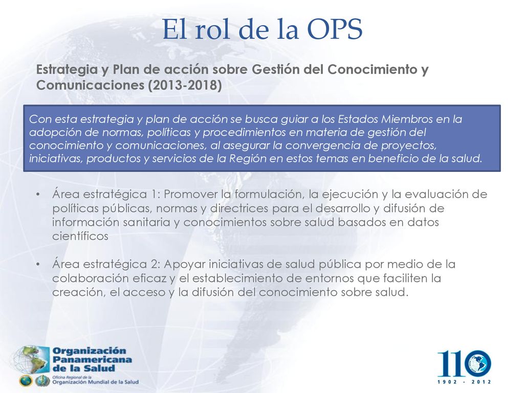 El rol de la OPS Estrategia y Plan de acción sobre Gestión del Conocimiento y Comunicaciones ( )