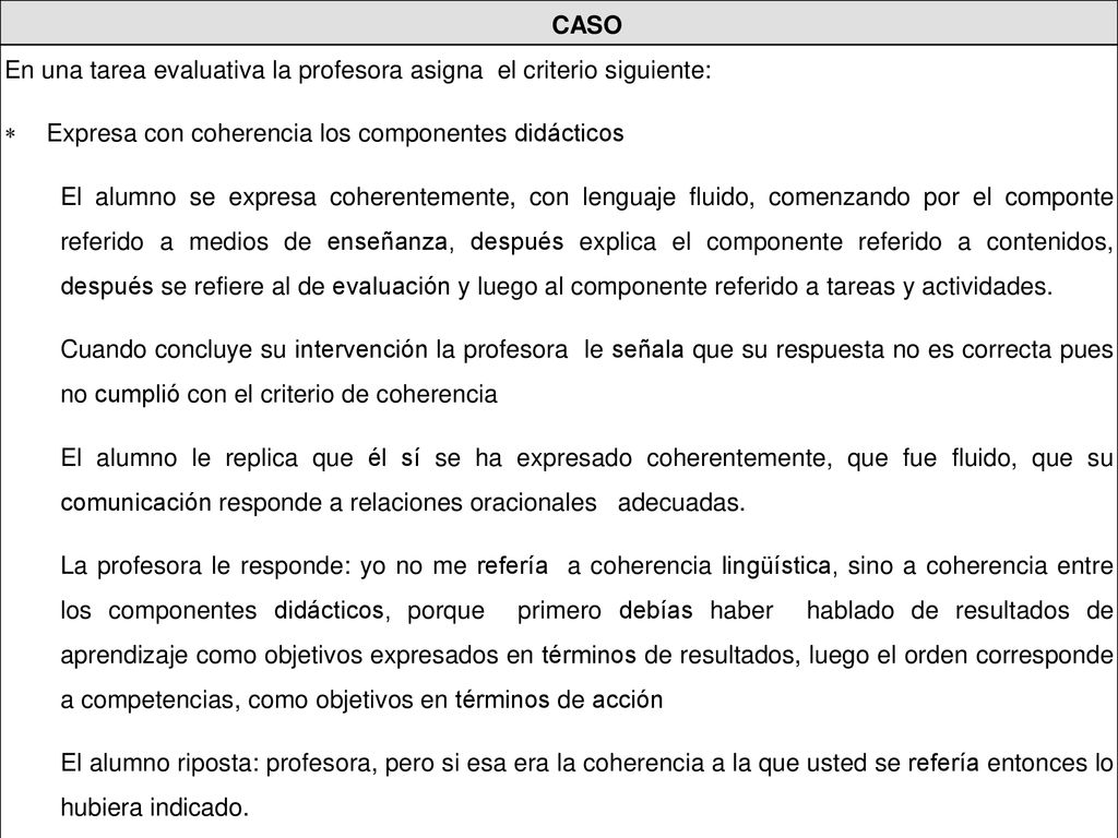 CASO En una tarea evaluativa la profesora asigna el criterio siguiente: Expresa con coherencia los componentes didácticos.