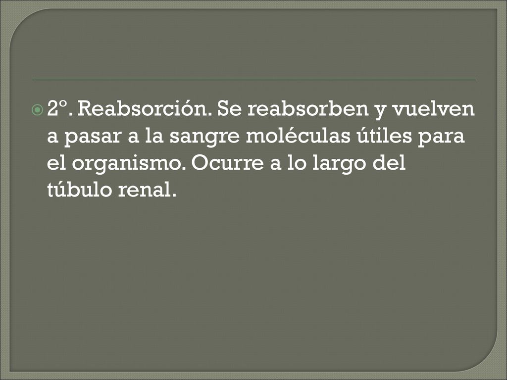 2º. Reabsorción. Se reabsorben y vuelven a pasar a la sangre moléculas útiles para el organismo.