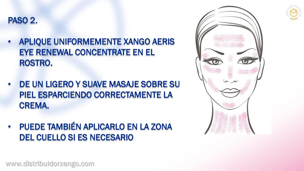 PASO 2. APLIQUE UNIFORMEMENTE XANGO AERIS EYE RENEWAL CONCENTRATE EN EL ROSTRO.